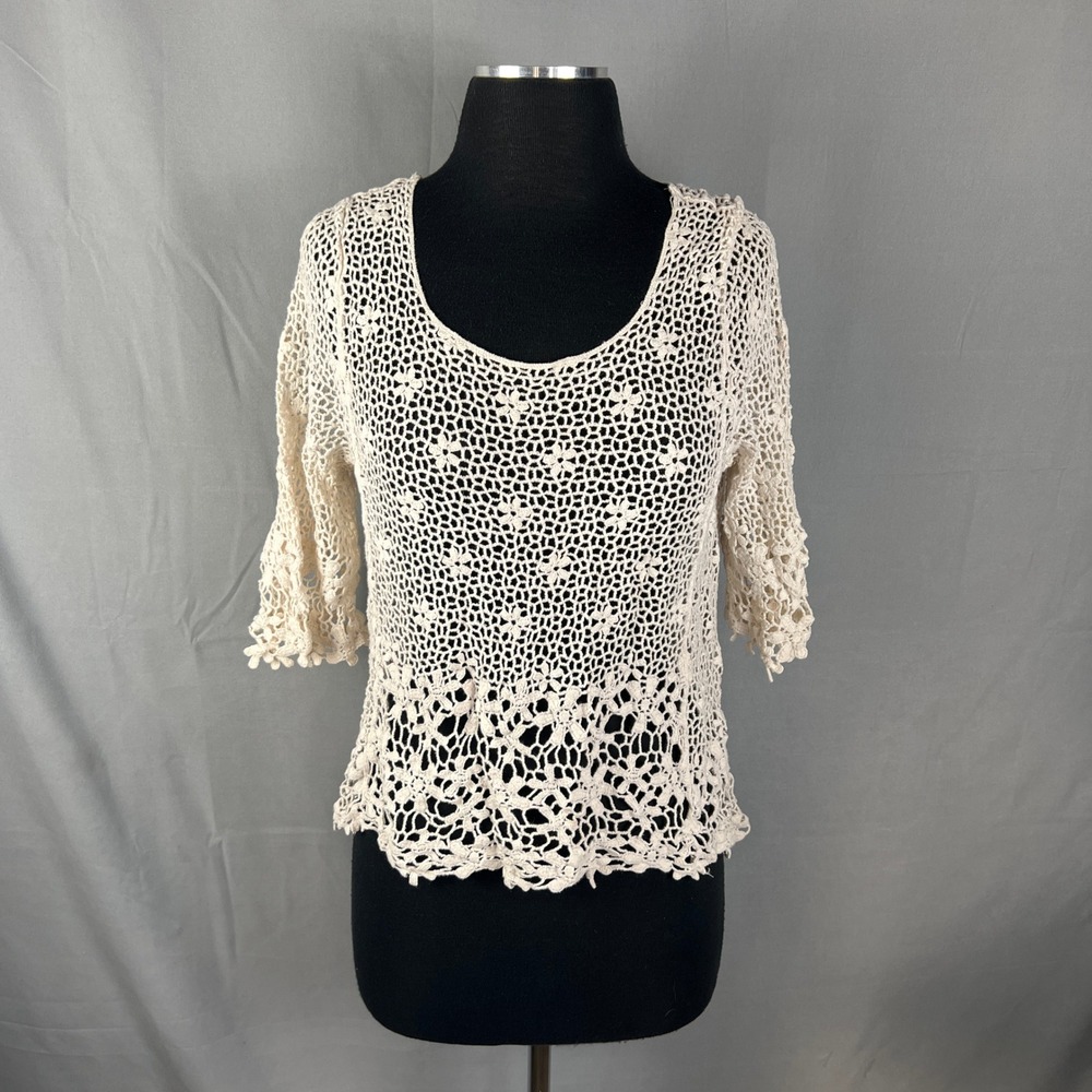 Mosaic & Co Crochet Coverup Women Large Beige Lace Open Knit Cotton Short Sleeve